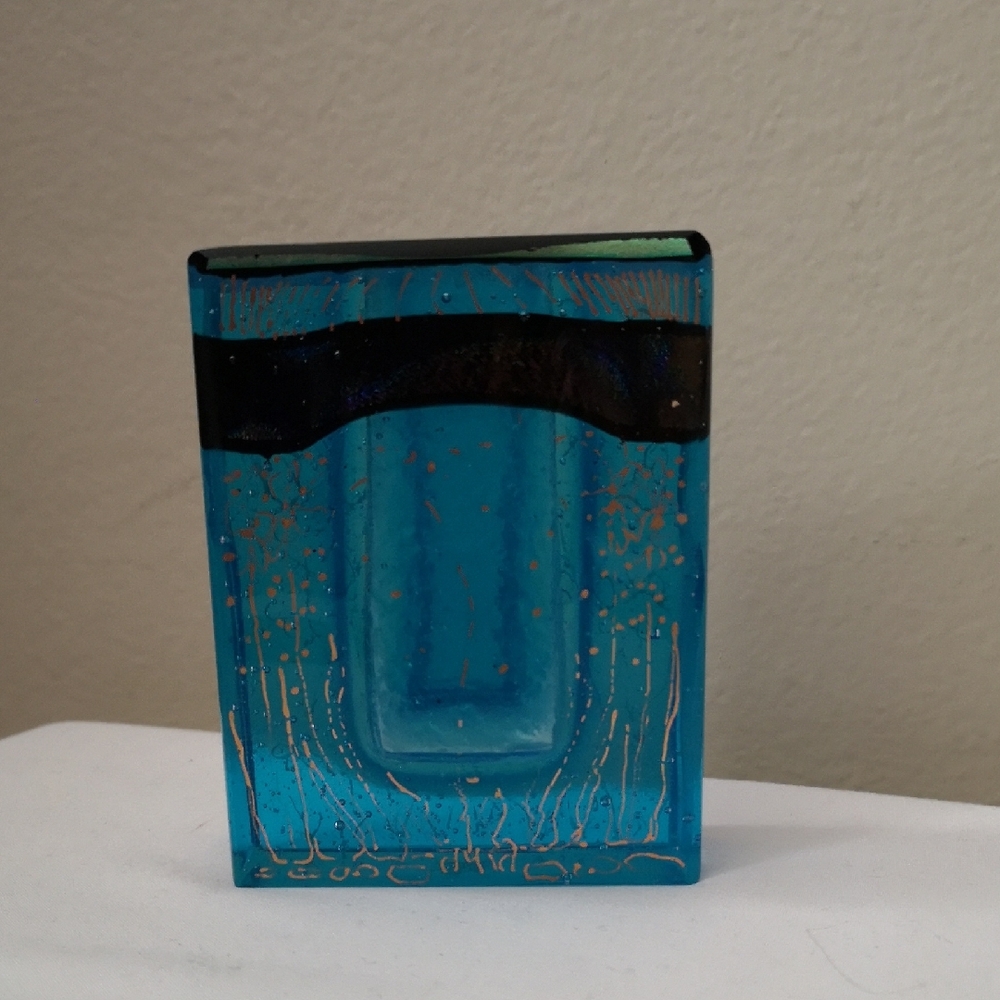Unique and Fun Studio Art Glass Square Bud Vase Vibrant Blue With Gold Accents
